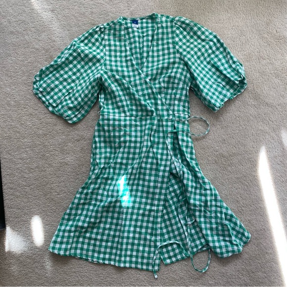 LINEN BLEND GINGHAM PUFF SLEEVE WRAP DRESS - Picture 2 of 6